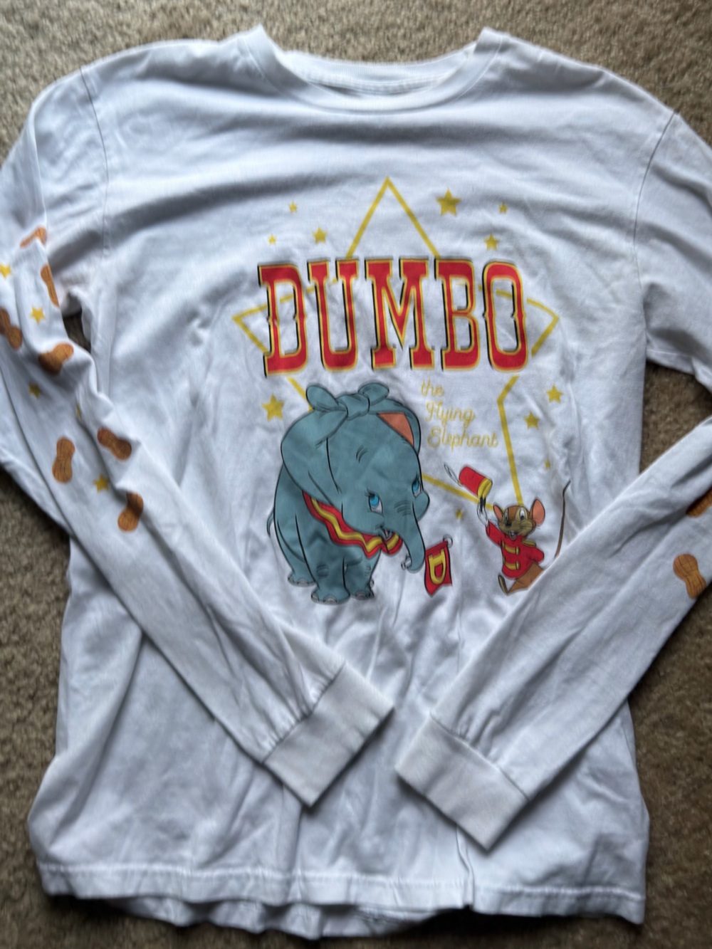 Disney Parks Dumbo Long Sleeve T-Shirt Graphic White Peanut Sleeve Size S